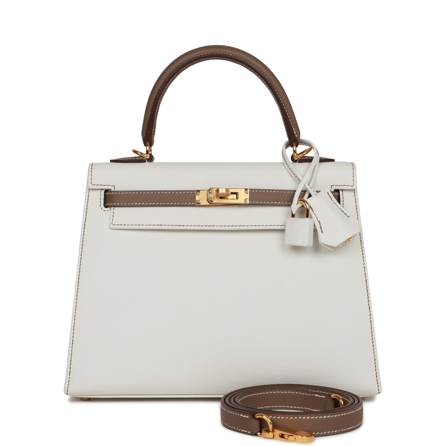 Hermès Special Order (HSS) Kelly Sellier 25 White and Etoupe Epsom Gold Hardware