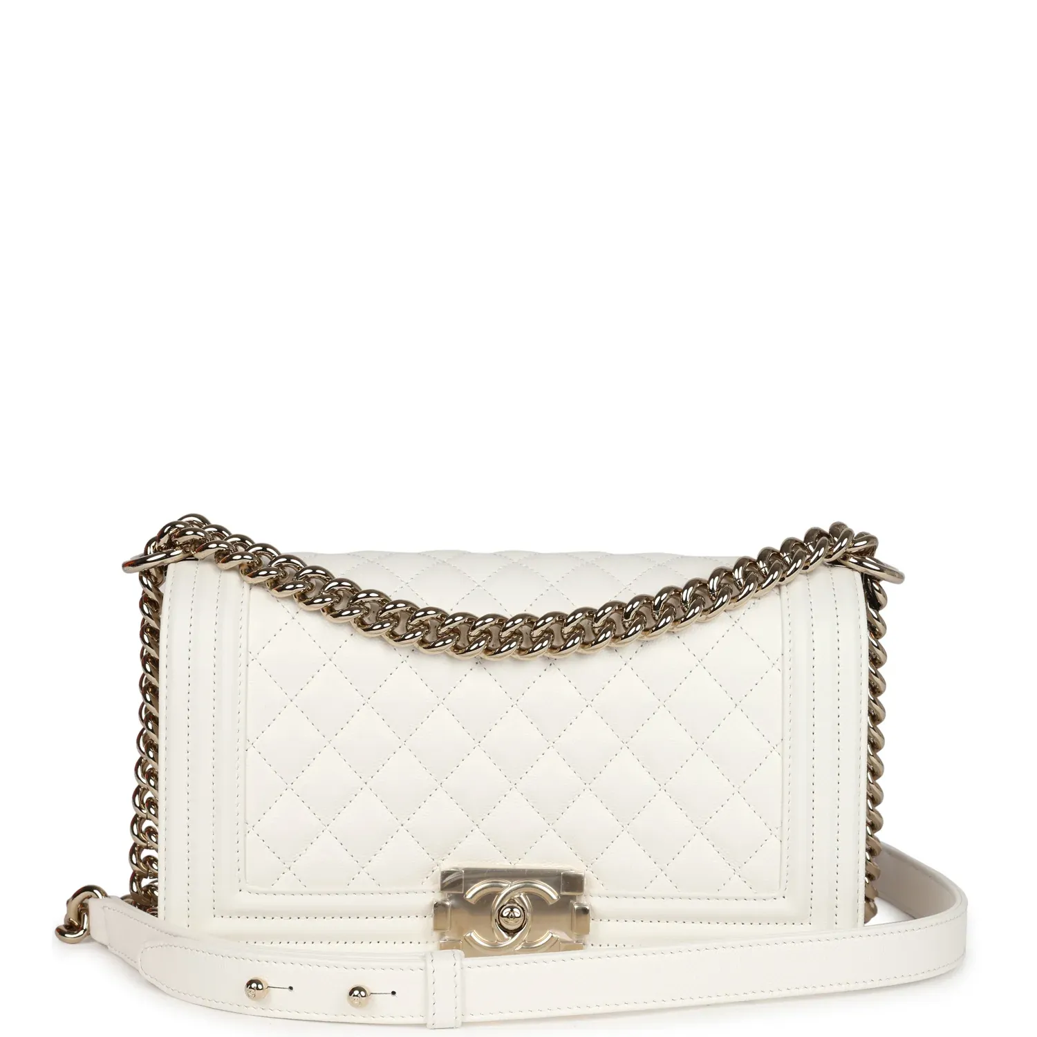 Chanel Medium Boy Bag White Caviar Light Gold Hardware