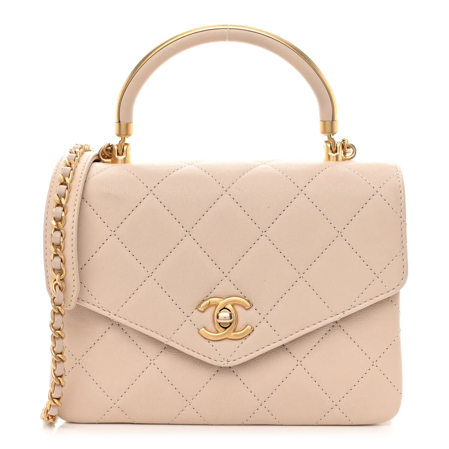 CHANEL Calfskin Quilted Metal Top Handle Envelope Flap Beige