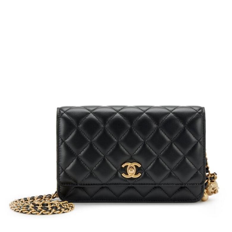 CHANEL Black Quilted Lambskin Pearl Crush Wallet on Chain Gold Hardware