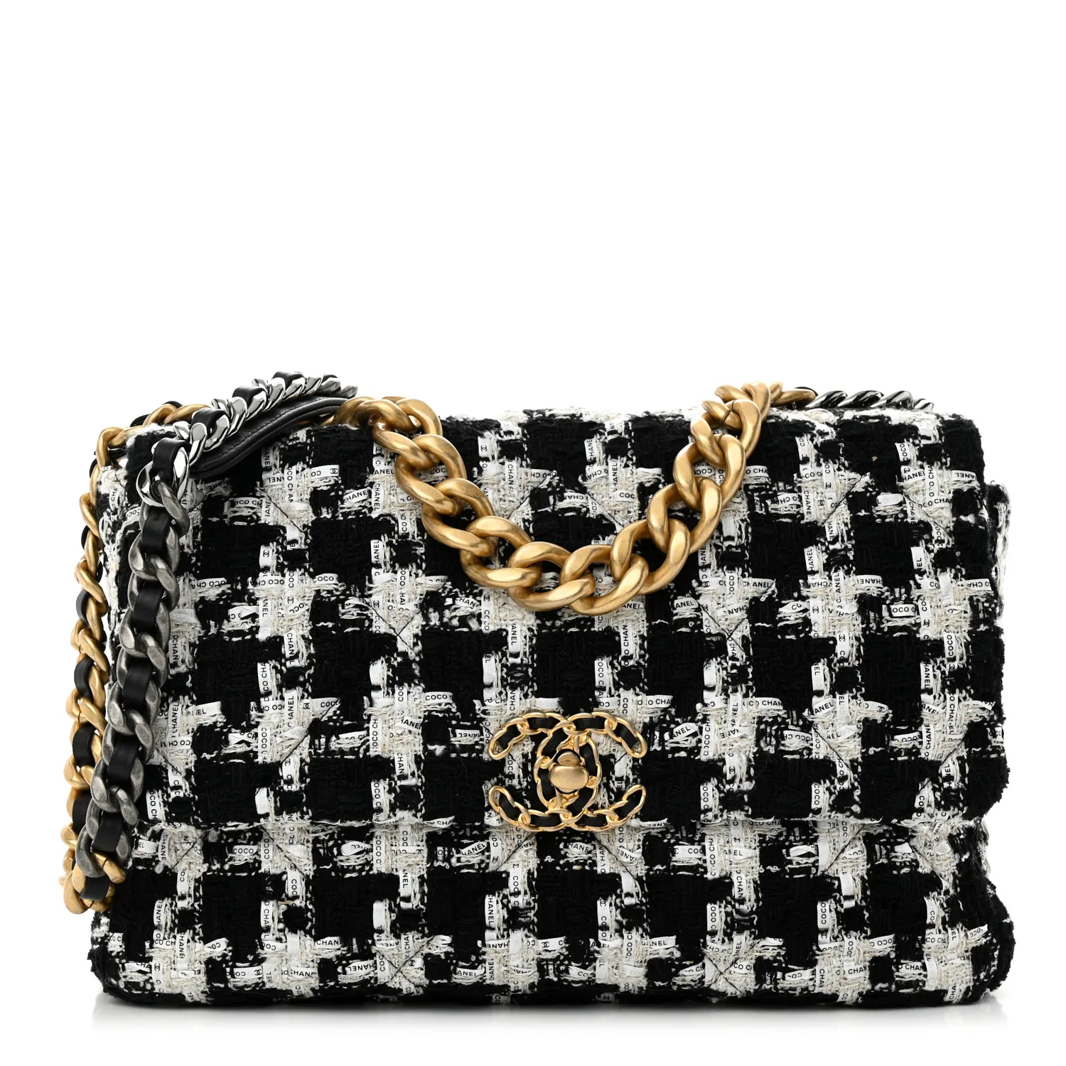 CHANEL Tweed Quilted Large Chanel 19 Flap Black Ecru White