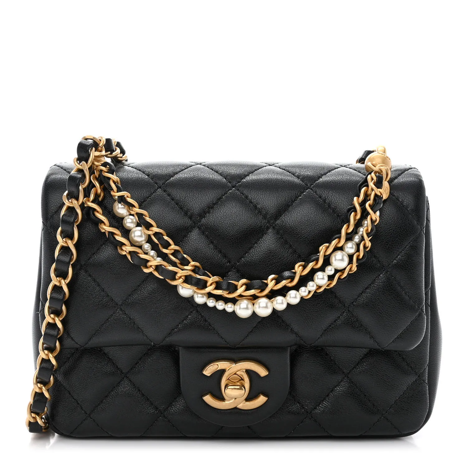 CHANEL Shiny Lambskin Quilted Pearl Twist Mini Square Flap Black