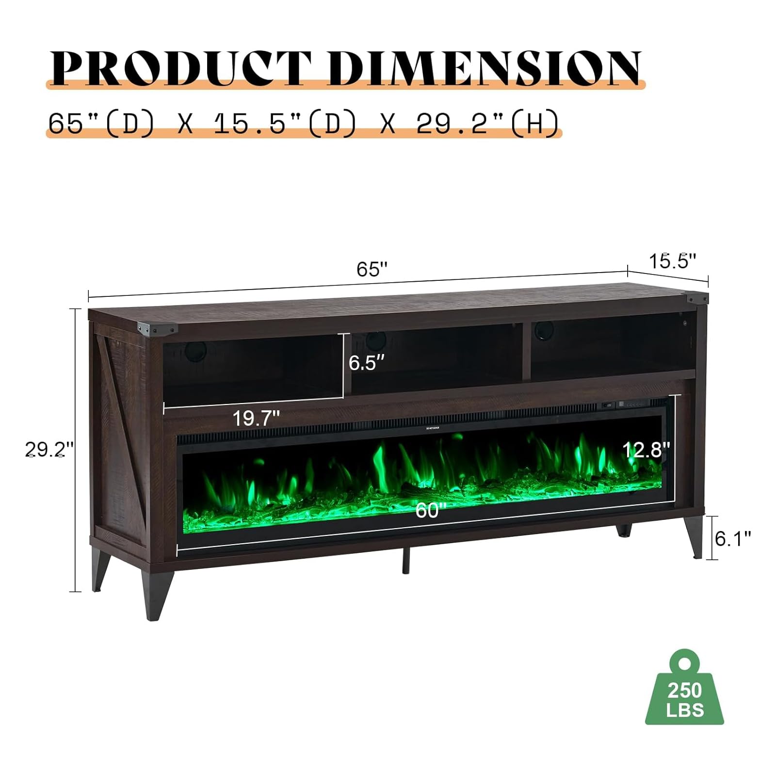 65" Fireplace TV Stand with 60" Glass Electric Fireplace, Industrial