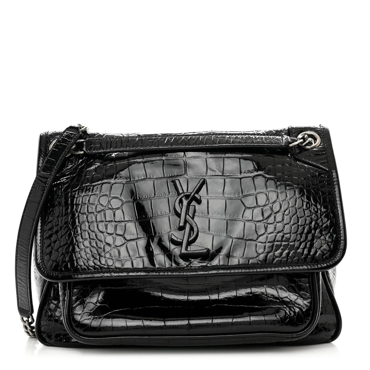 Saint Laurent Patent Crocodile Embossed Lambskin Monogram Medium Niki Chain Satchel Black