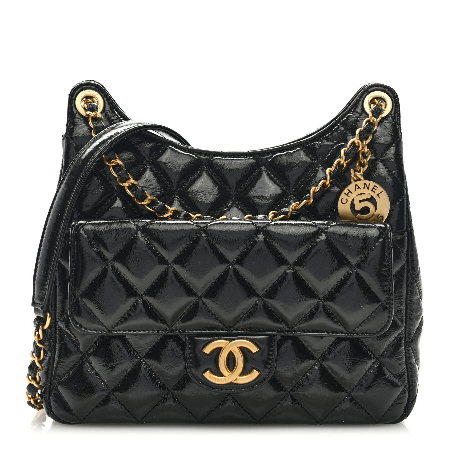 CHANEL Shiny Crumpled Calfskin Quilted Wavy CC Hobo Black Bags