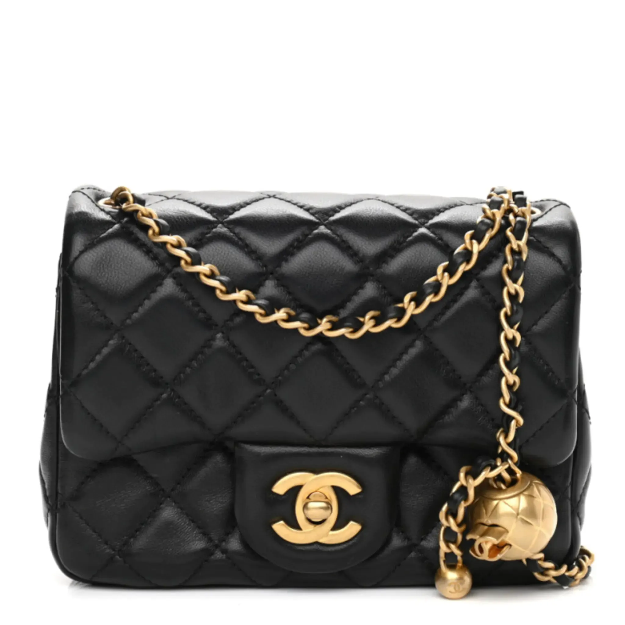 Chanel CC Pearl Crush Mini Square Flap Bag Black Lambskin Antique Gold Hardware