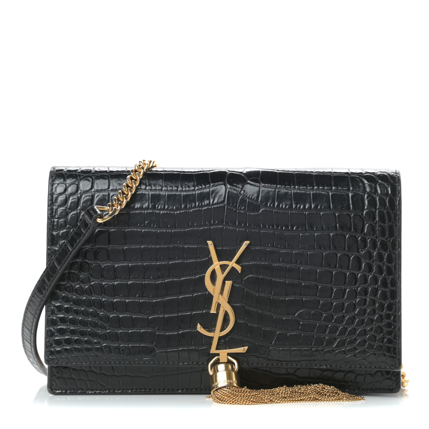 Saint Laurent Calfskin Crocodile Embossed Kate Monogram Tassel Chain Wallet Black