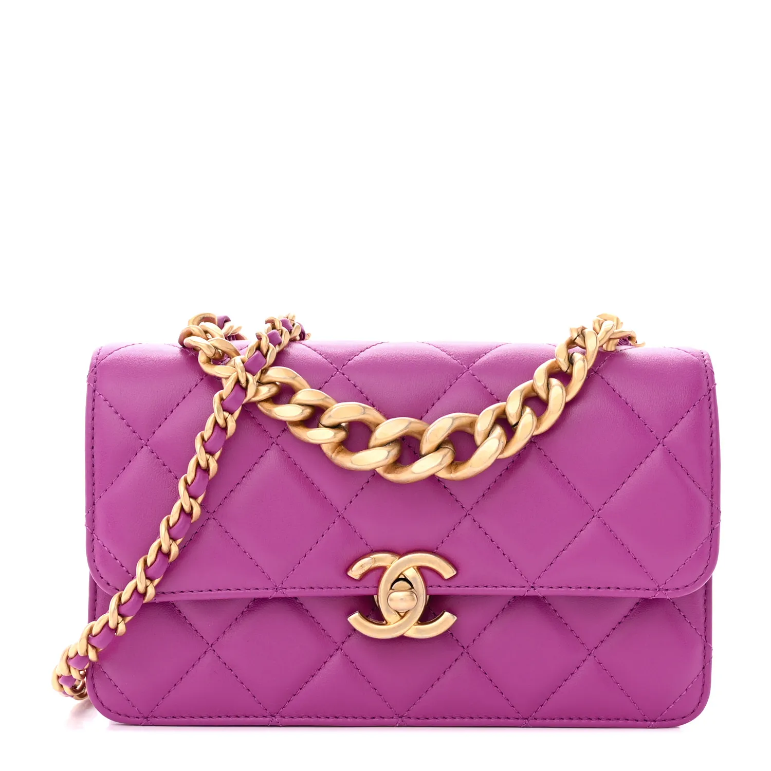 CHANEL Calfskin Quilted Mini Dual Handle Chain Flap Bag Purple