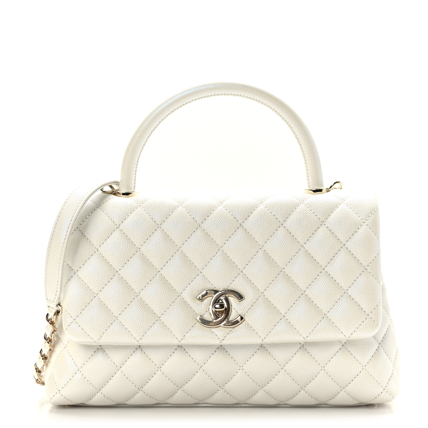 CHANEL Iridescent Caviar Quilted Small Coco Handle Flap White