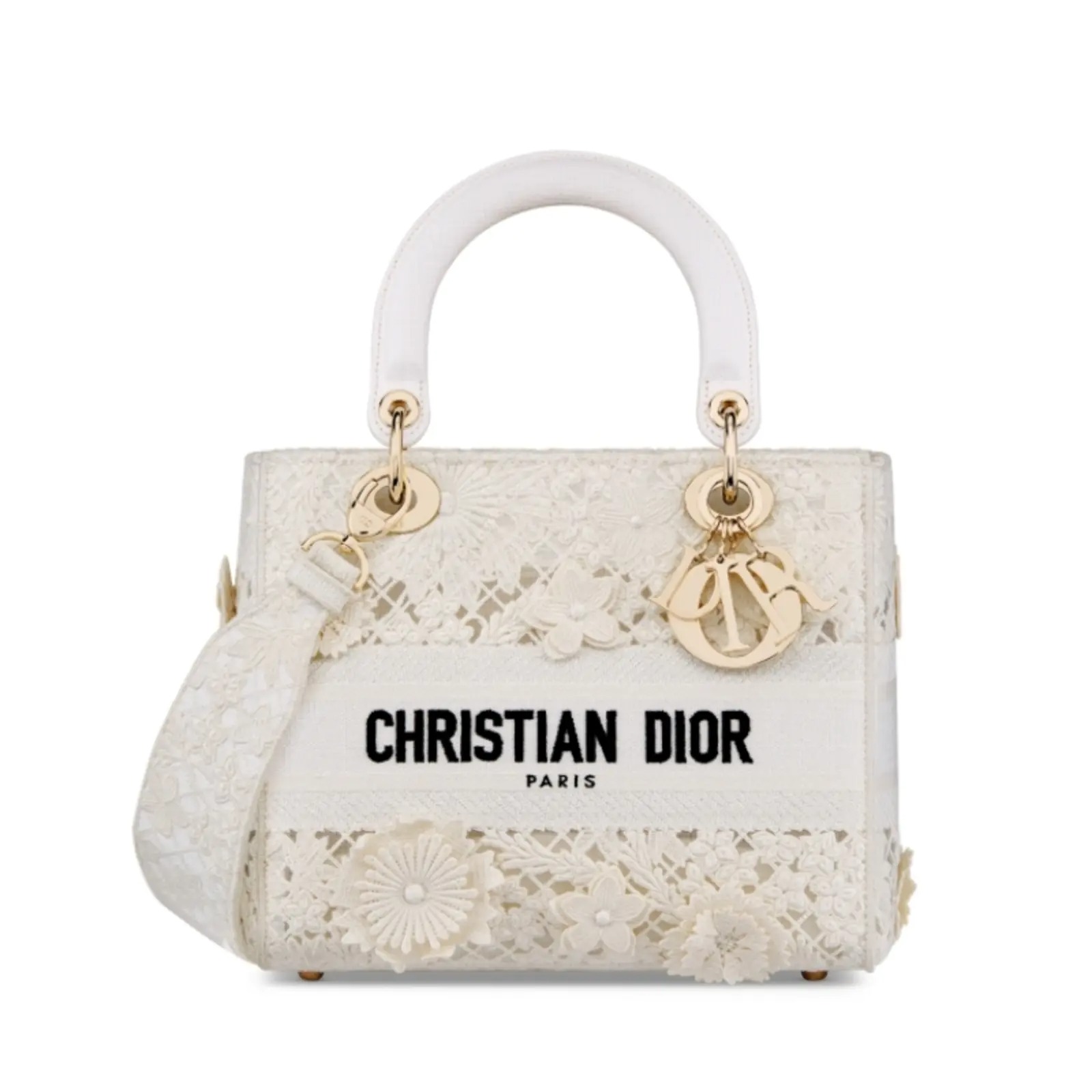 Dior MEDIUM LADY D-LITE BAG White D-Lace Macramé graphic embroidery 3D effect No