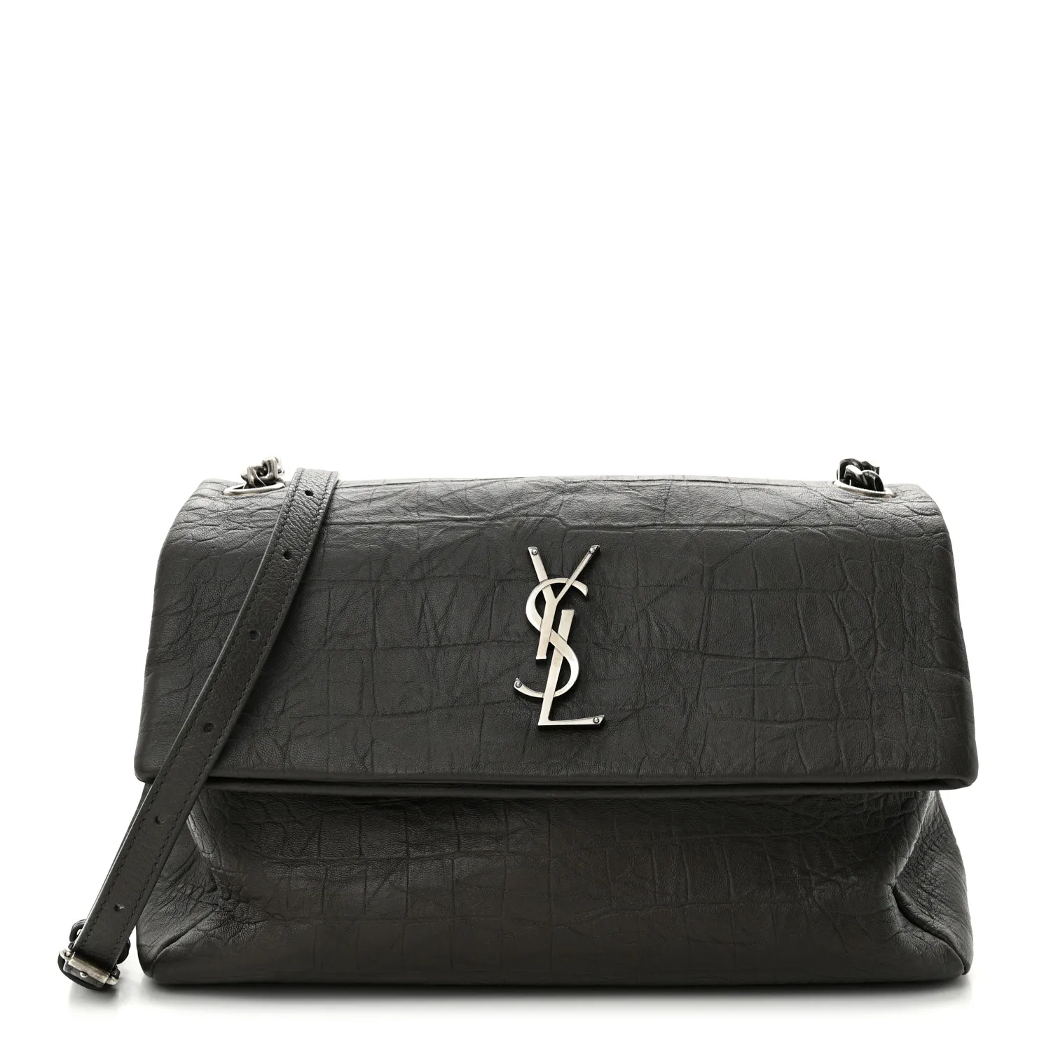 Saint Laurent Calfskin Crocodile Embossed Medium West Hollywood Monogram Fold-Over Earth