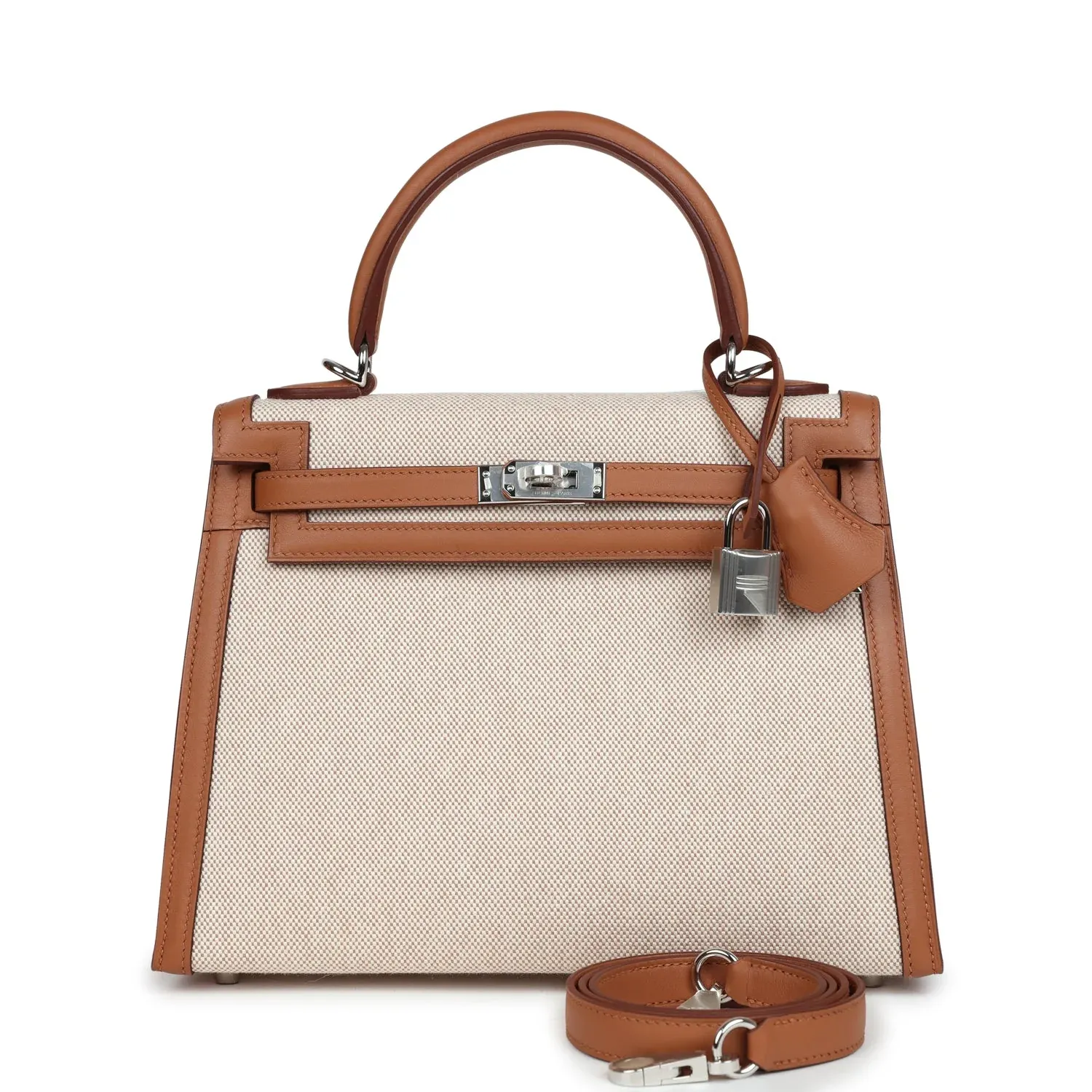 Hermès Kelly Sellier 25 Gold Swift and Ecru Toile Palladium Hardware