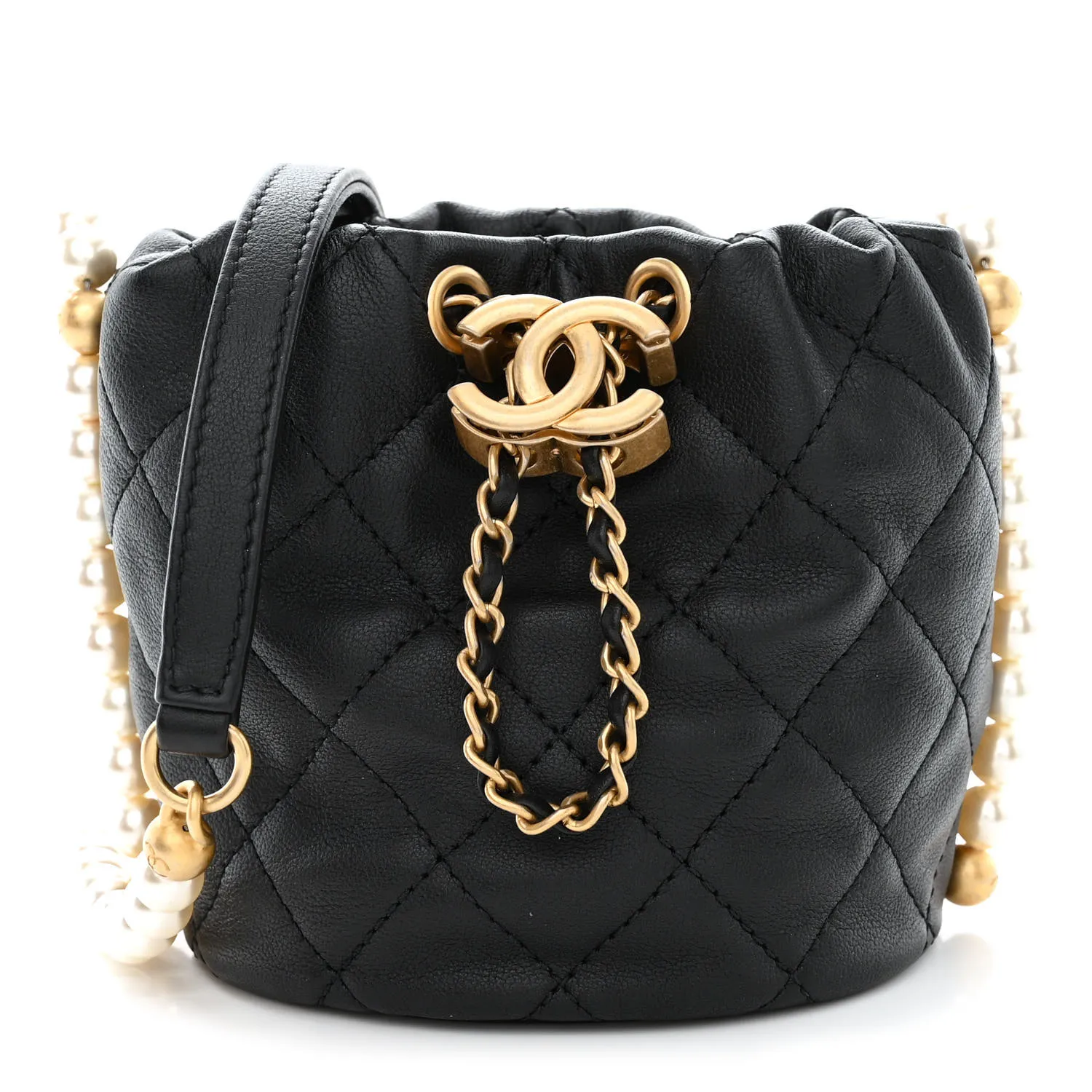 CHANEL Calfskin Quilted Pearl Mini About Pearls Drawstring Bucket Bag Black