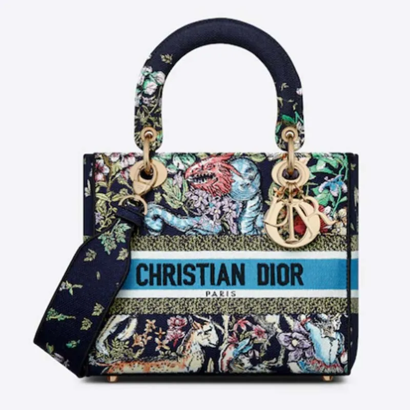 DIOR WOMEN CD MEDIUM LADY D-LITE BAG BLUE MULTICOLOR D-CONSTELLATION EMBROIDERY