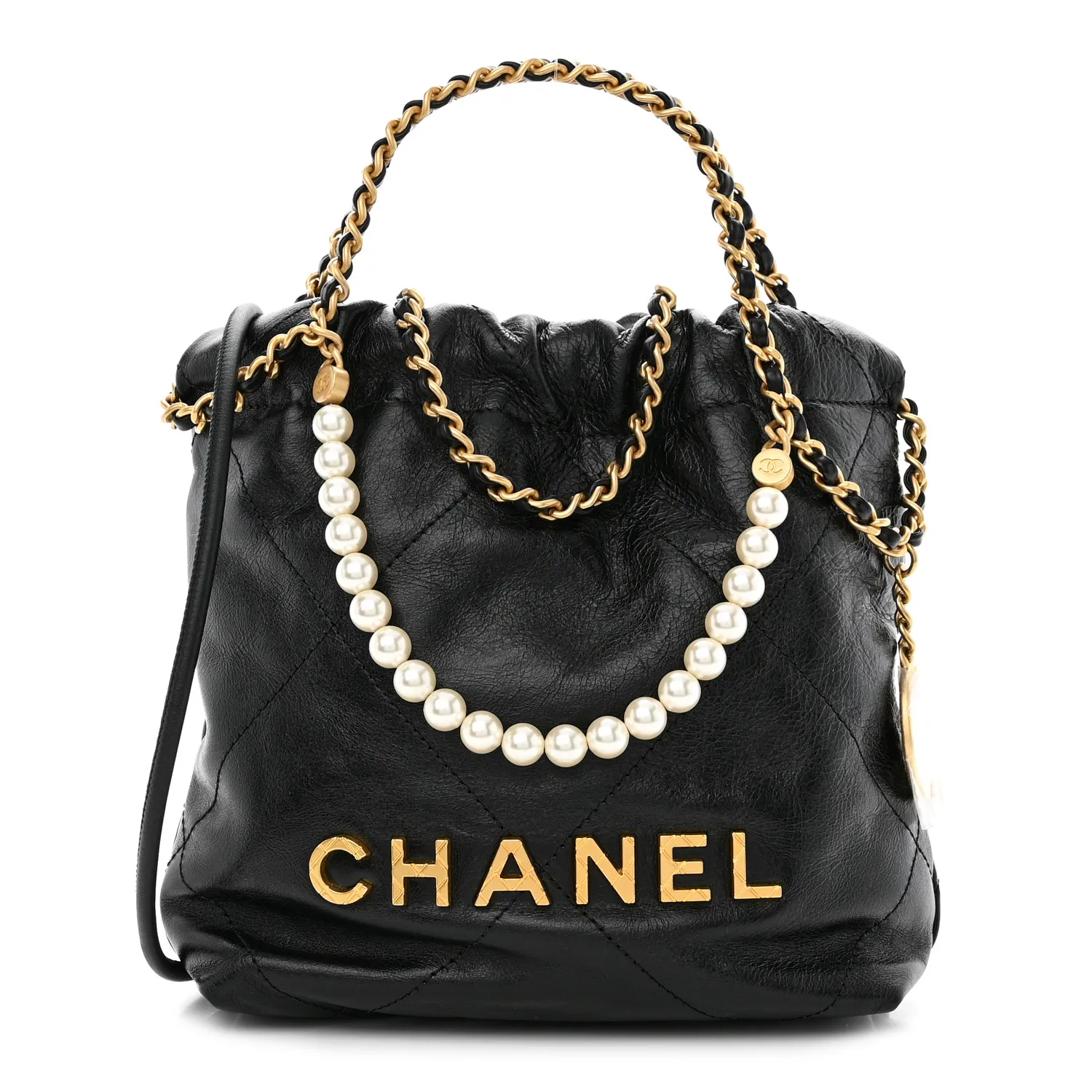 CHANEL Shiny Crumpled Calfskin Quilted Pearl Mini Chanel 22 Black