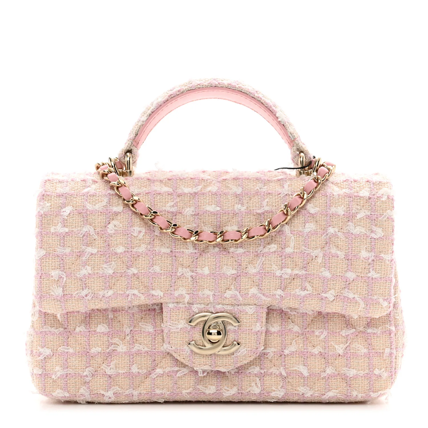 CHANEL Tweed Quilted Mini Top Handle Rectangular Flap Light Pink