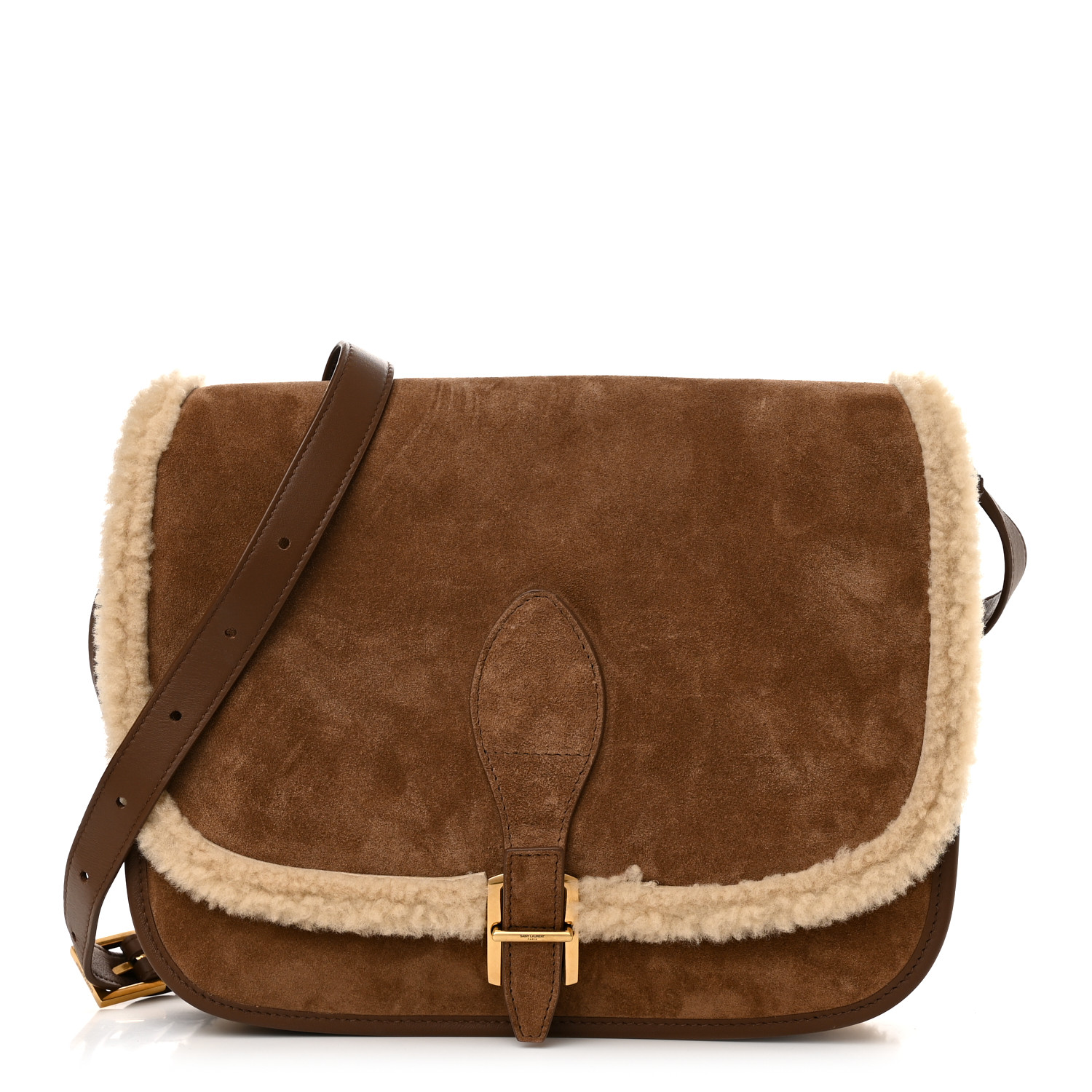 Saint Laurent Nubuck Shearling Besace Satchel Dark Cigar Natural Beige