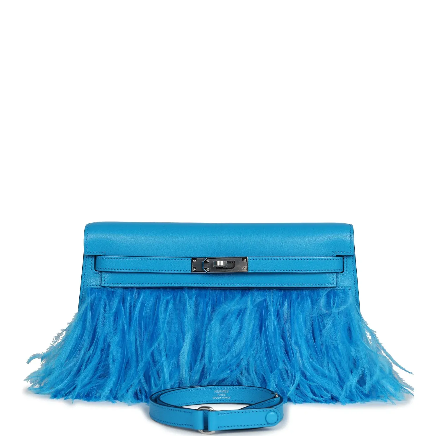 Hermès Kelly Elan Foile Bleu Frida Chevre Chamkila and Ostrich Feathers Palladium Hardware