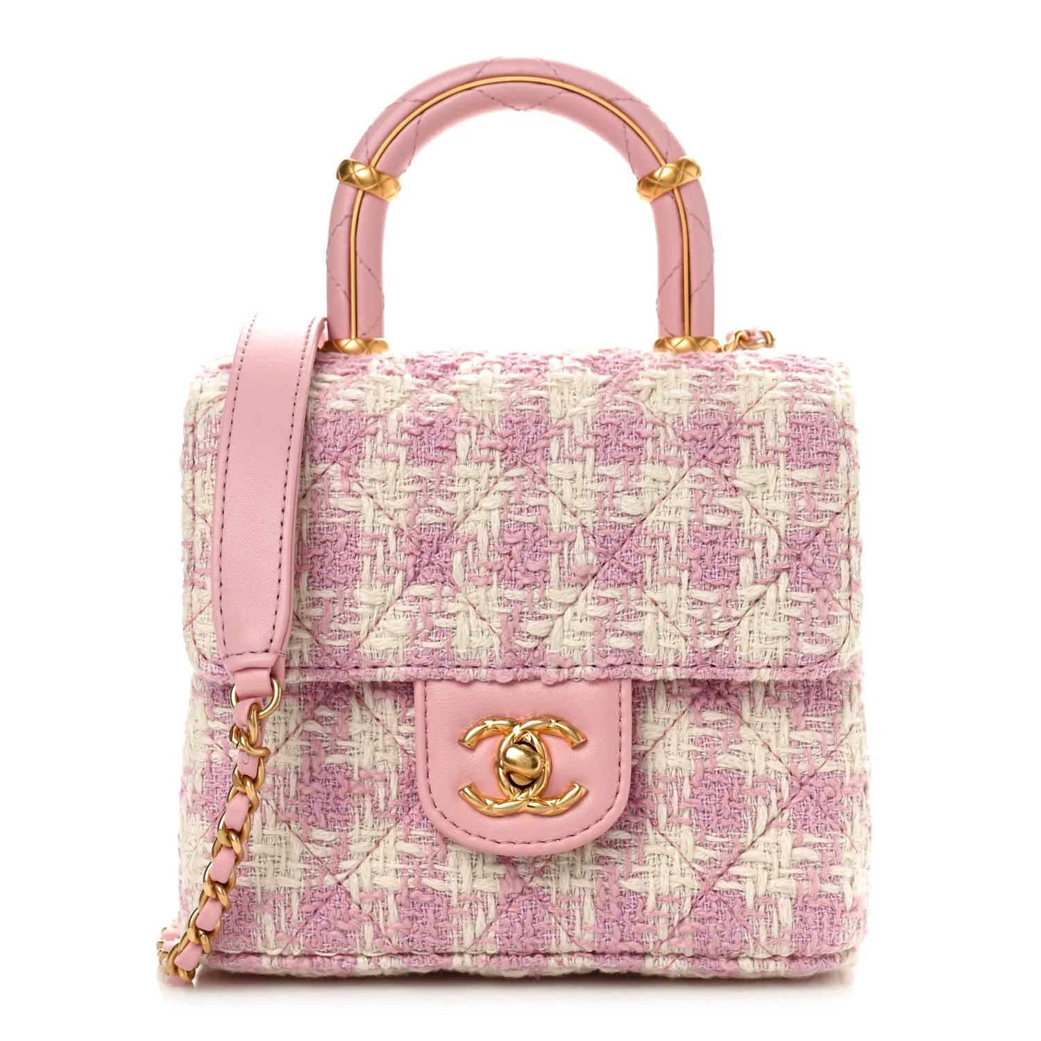 CHANEL Tweed Handle Crush Top Handle Flap Bag Pink Ecru