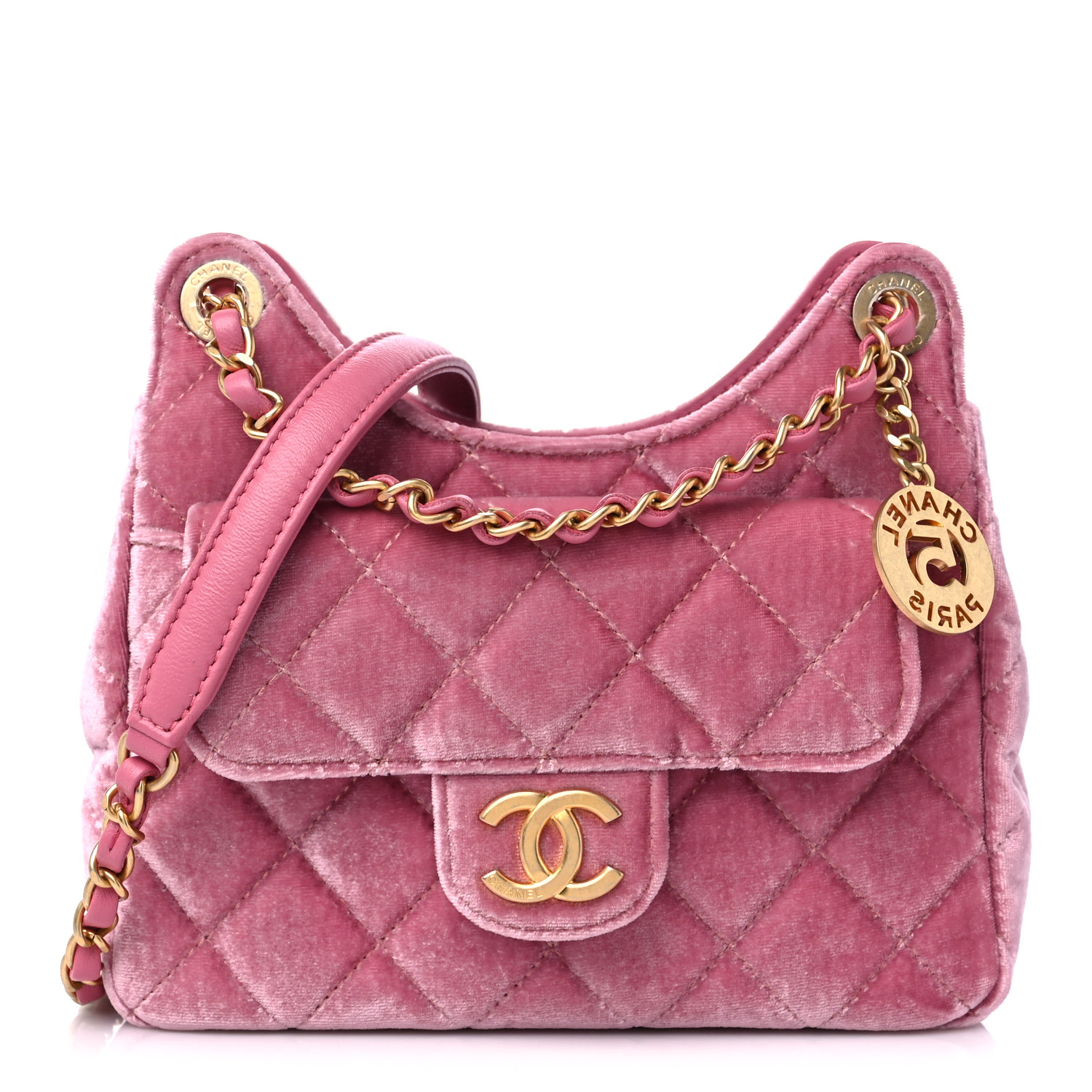 CHANEL Velvet Quilted Small Wavy CC Hobo Pink