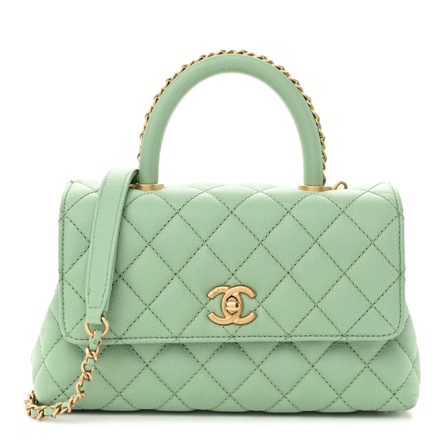 CHANEL Caviar Quilted Mini Coco Chain Handle Flap Light Green