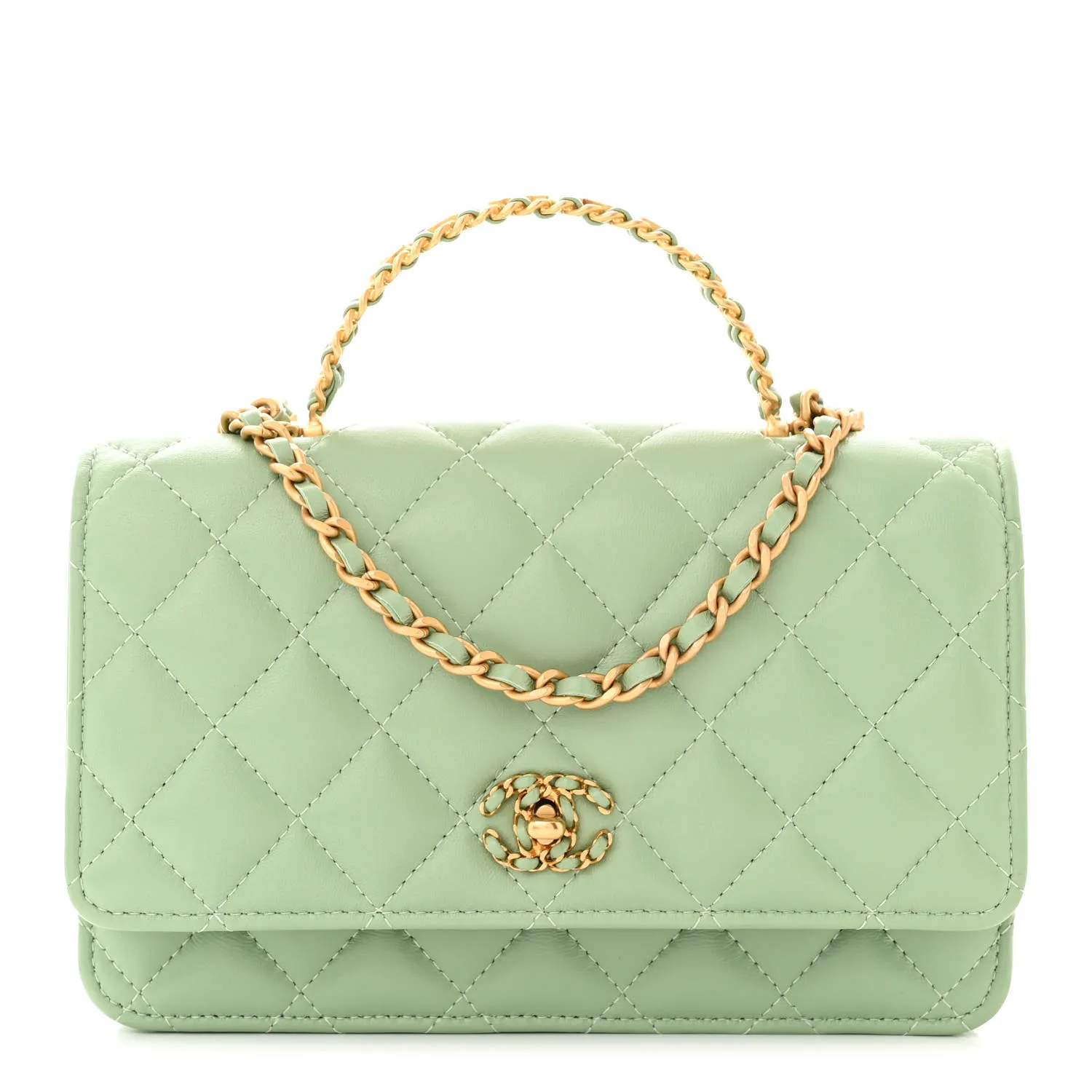 CHANEL Lambskin Quilted CC Logo Handle Wallet On Chain WOC Light Green