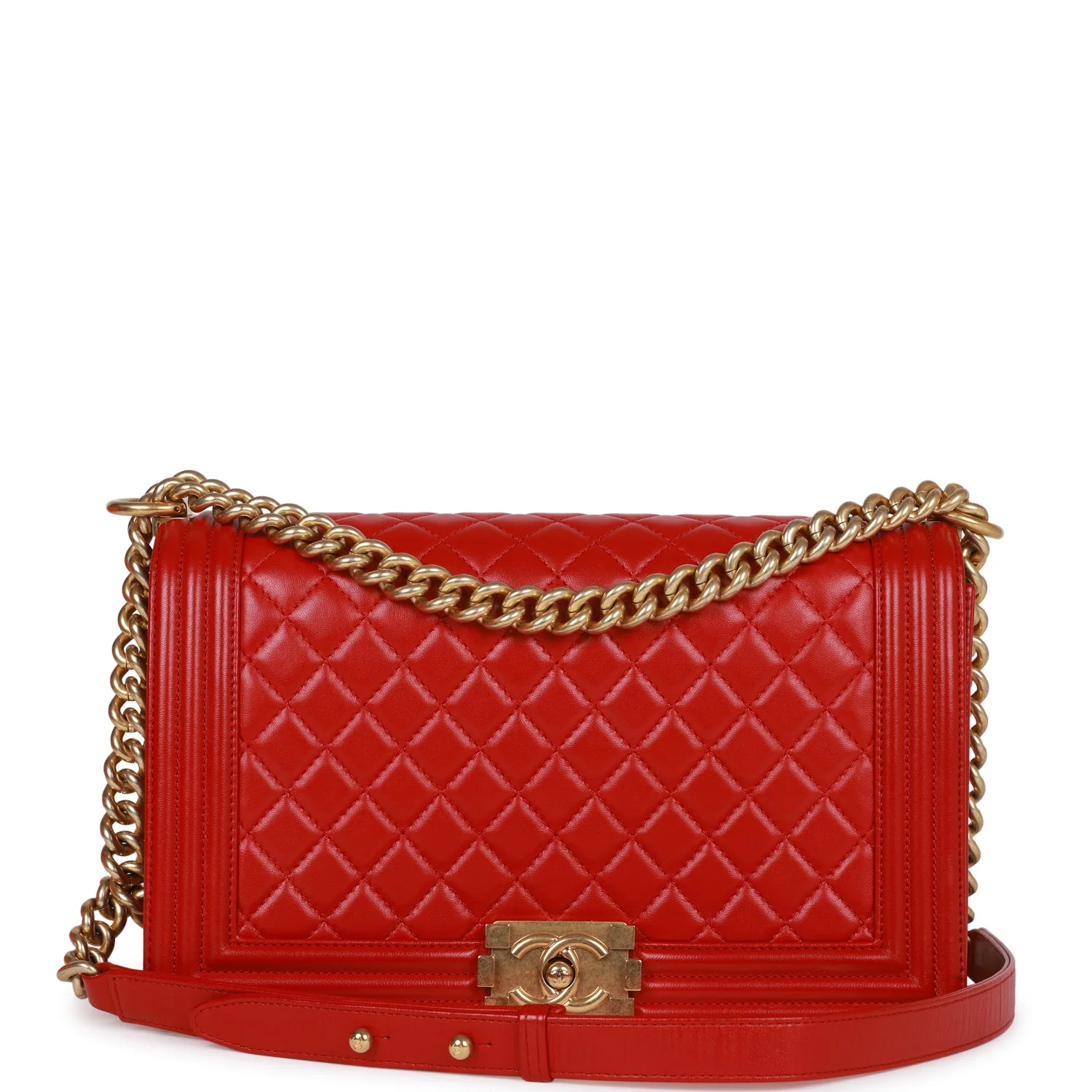 Chanel New Medium Boy Bag Red Lambskin Antique Gold Hardware