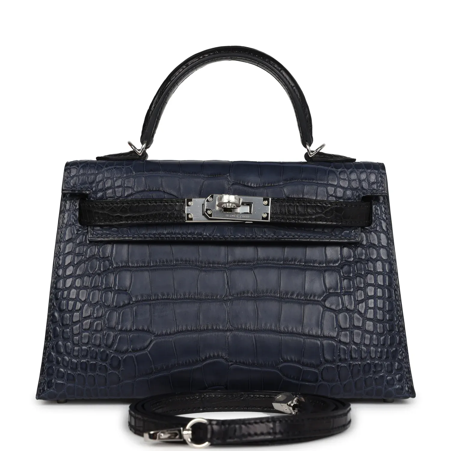 Hermès Special Order (HSS) Kelly Sellier 20 Bleu Indigo and Black Matte Alligator Palladium Hardware