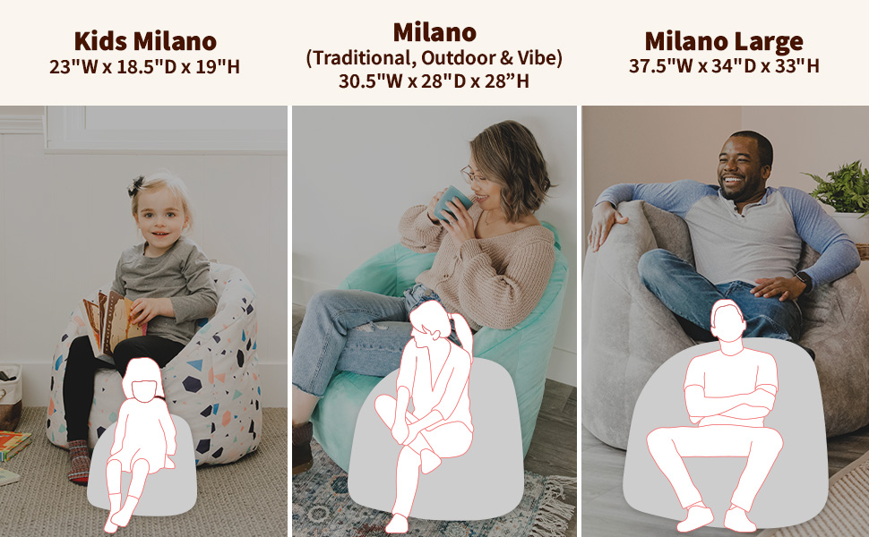 a child in "Kids Milano," a woman in "Milano," and a man in "Milano Large” Bean bag chairs
