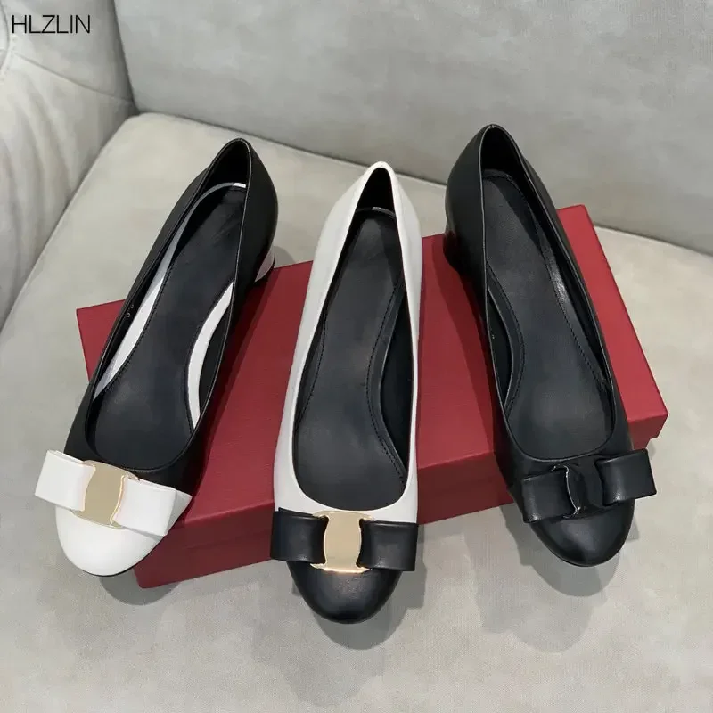 New two-tone cylindrical heel Classic bow women's chunky heels round toe loafers leather suede elegant work shoes