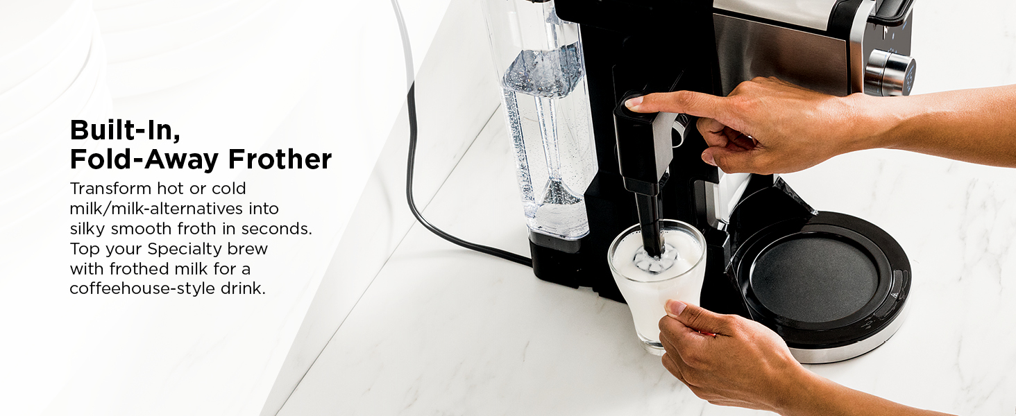 Built-In, Fold-Away Frother Transform hot or cold milk/milkfrothed milk for a coffeehouse-style