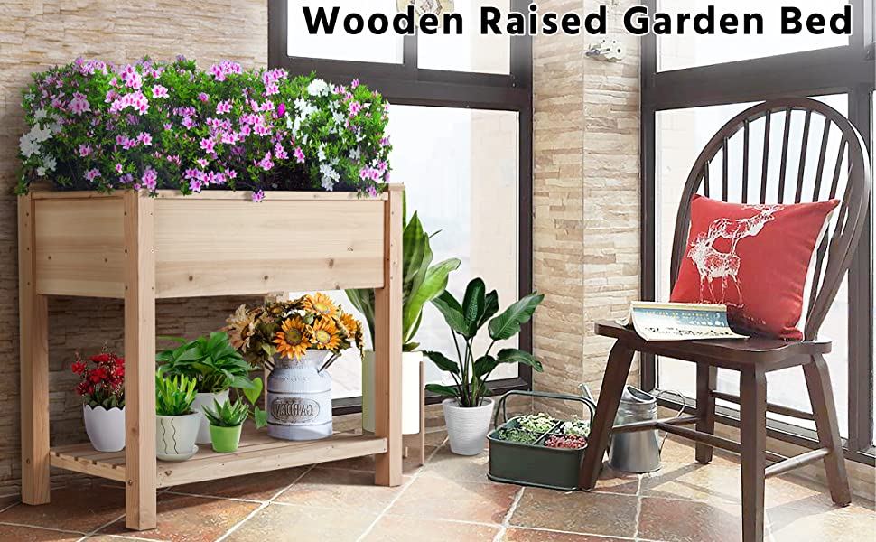 Wooden Outdoor Raised Garden Bed with Storage Shelf