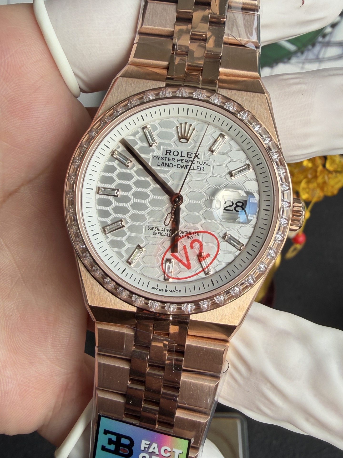 GYL Rolex Land-Dweller 127385TBR-0003 Rose Gold White Honeycomb-motif Diamond-set Dial Best Replica BPF 40mm-GYL-GaiYalun