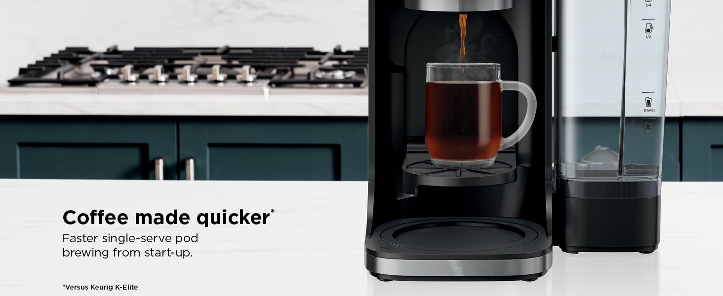 Coffee made quicker* Faster single-serve pod brewing from start-up.