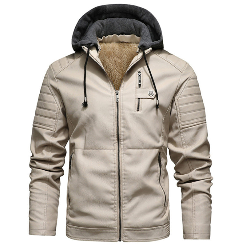 Mens Fleece Liner PU Leather Jackets Coats with Hood Autumn Winter Casual Motorcycle Jacket For Men Windbreaker Biker Jackets