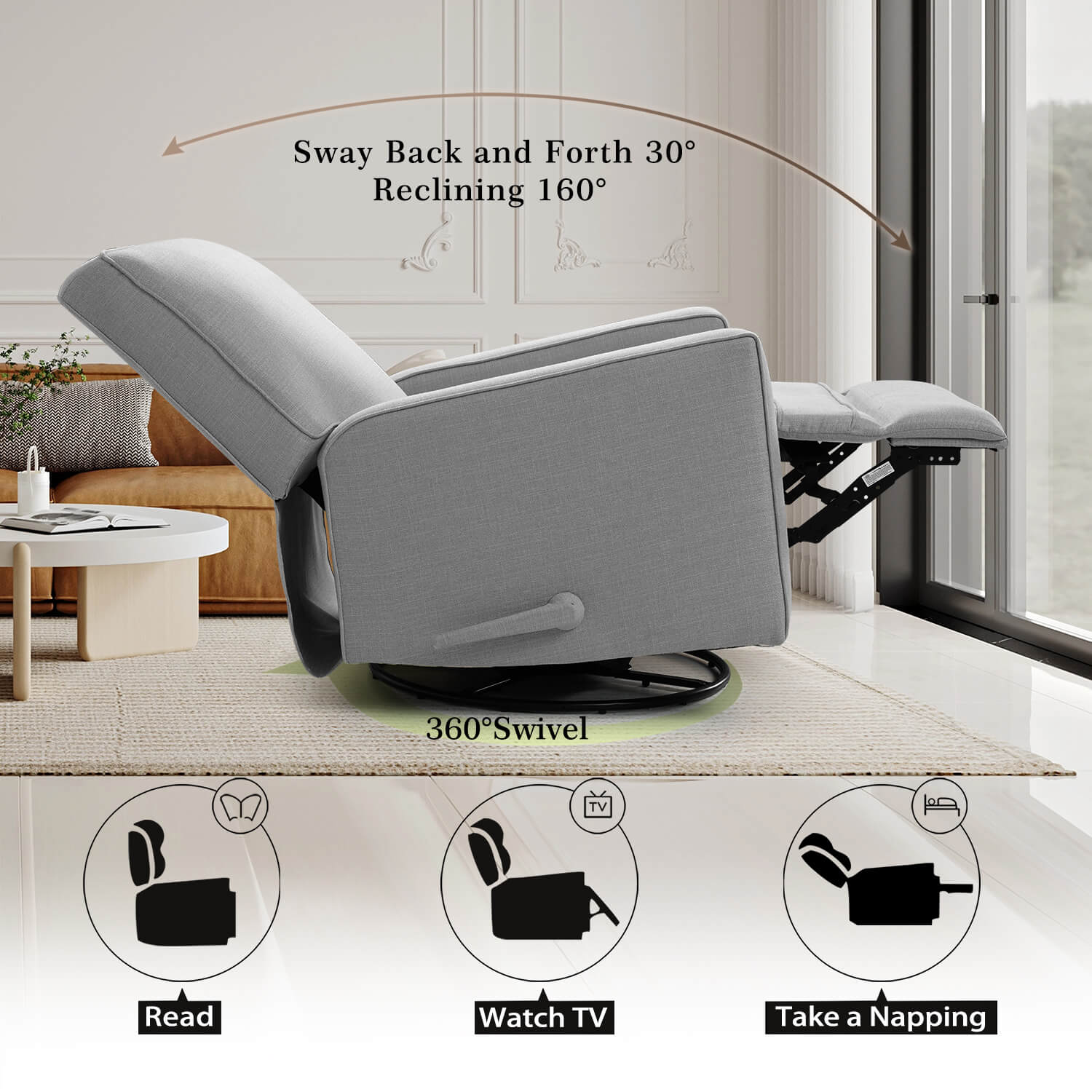 Swivel Glider Rocking Chair Manual Recliner, Grey Fabric