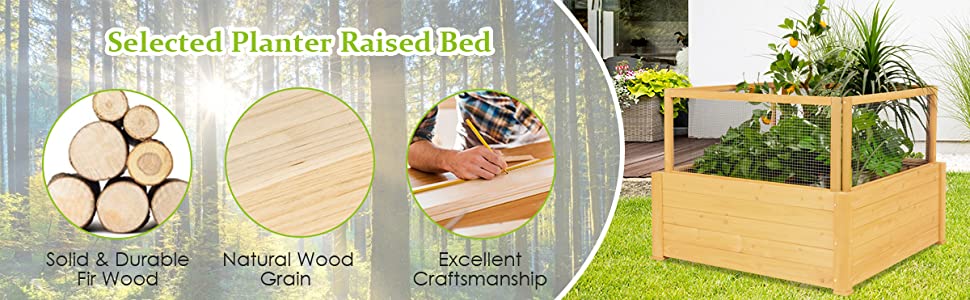 Wooden Raised Garden Bed with 9 Grids and Critter Guard Fence