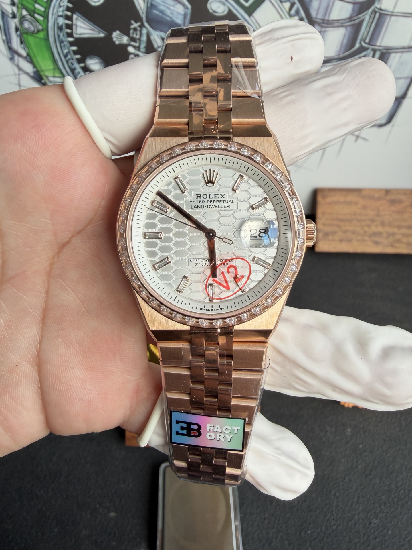 GYL Rolex Land-Dweller 127385TBR-0003 Rose Gold White Honeycomb-motif Diamond-set Dial Best Replica BPF 40mm-GYL-GaiYalun