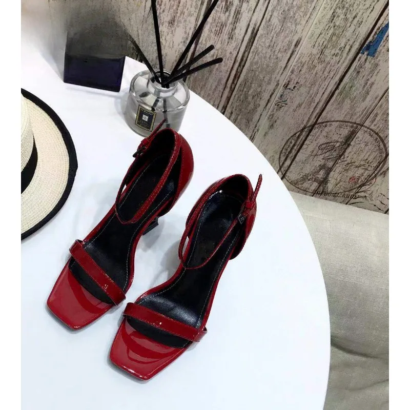 Summer Sexy Lady Fashion Women's Shoes Casual Designer Black Leather One Strappy Sandal Metal High Heels Gladiator Zapatos Mujer