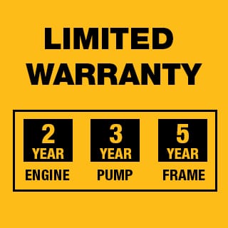 Limited warranties include: 2 Year Engine, 3 Year Pump, 5 Year Frame, and 90 Day Accessory