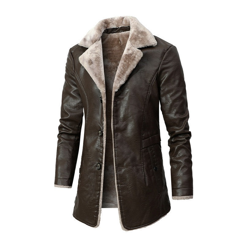 PU Leather Jacket Men Long Style Solid Men' Streetwear Fleece Casual Mens Clothing Pockets Breasted Leather Coat Outwear