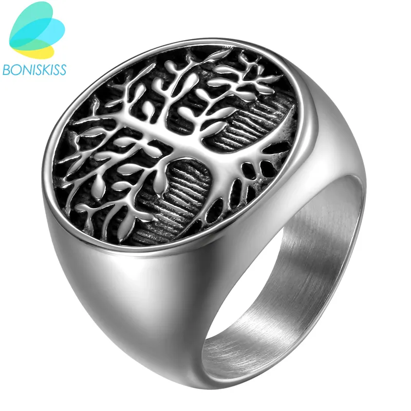 Boniskiss Punk Men Silver Tree Of Life Ring Casting Stainless Steel Life Tree Rings For Men Ring Jewelry Bague Homme