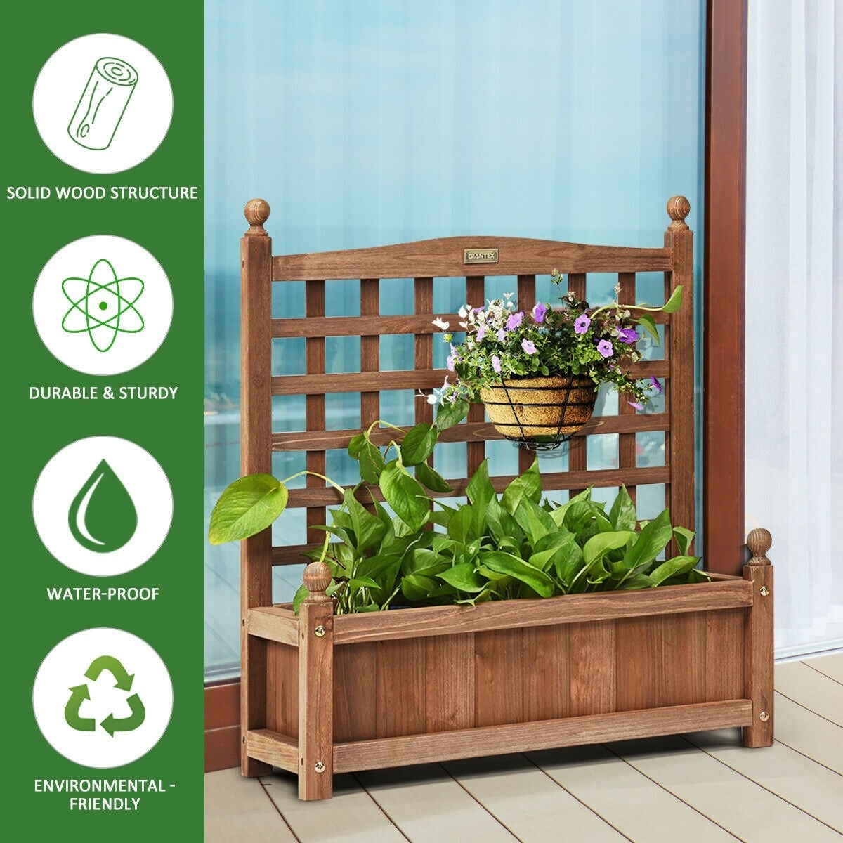 Free Standing Wooden Raised Garden Bed Planter Box with Trellis