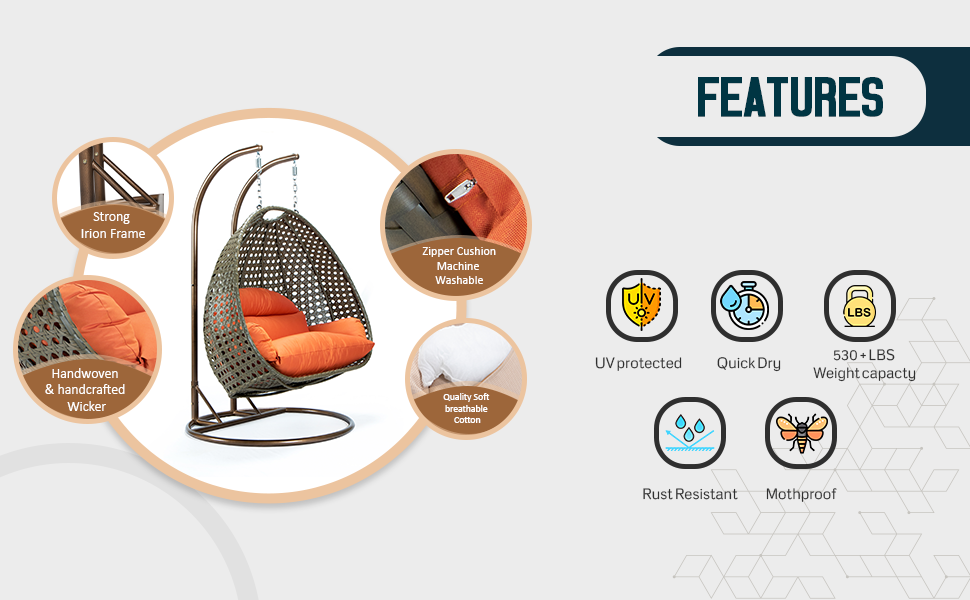 LeisureMod Beige Wicker Hanging 2 person Egg Swing Chair