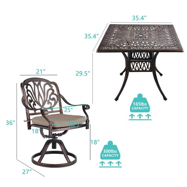 5 Piece Outdoor Dining Patio Set All-Weather Cast Square 4 - Person 35.4" Dining Set