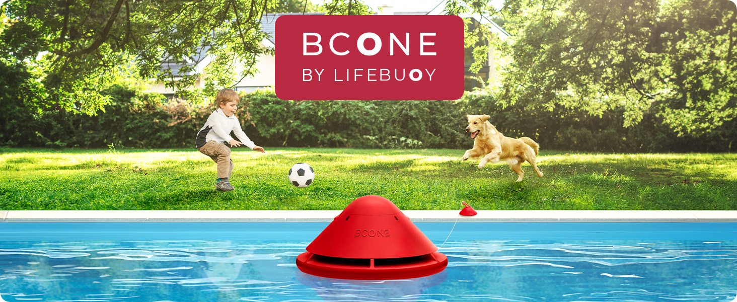 bcone by life bouy drowning prevention device in pool with kid playing and dog running nearby