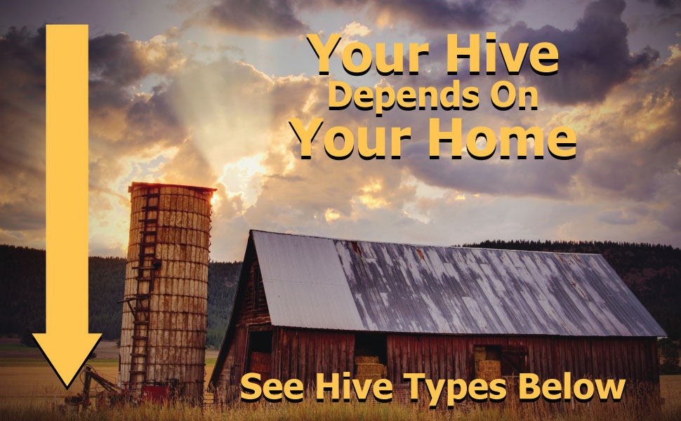 Rustic Farm Yard Old Barn and Tall Silo. Words Say Your Hive Depends On Your Home. Bee Hive Types