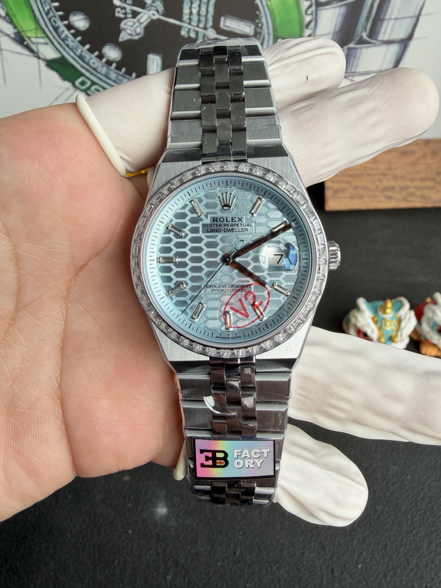 GYL Rolex Land-Dweller 127386TBR-0001 Ice-blue Honeycomb-motif Diamond-set Dial Best Replica BPF 40mm-GYL-GaiYalun
