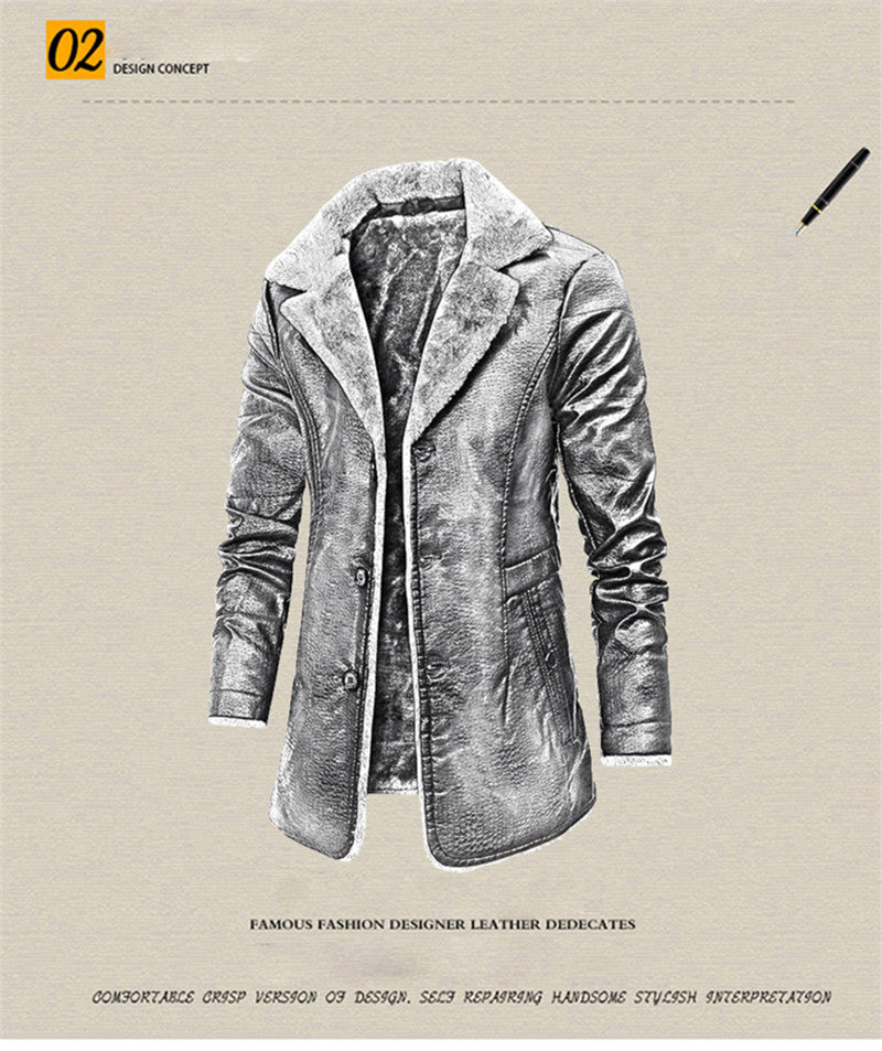 PU Leather Jacket Men Long Style Solid Men' Streetwear Fleece Casual Mens Clothing Pockets Breasted Leather Coat Outwear
