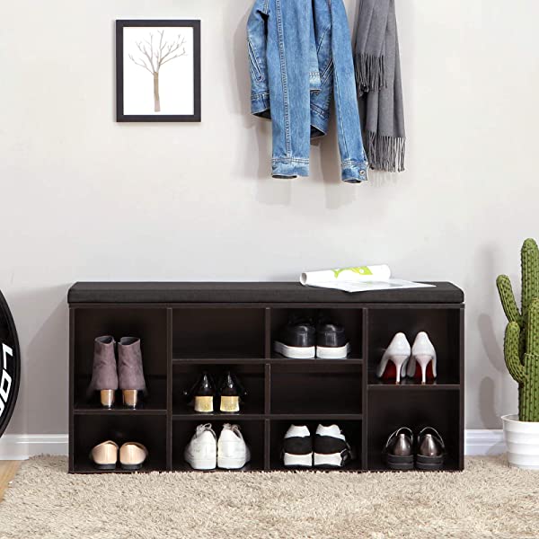 VASAGLE Cubbie Shoe Storage Bench with Cushion, Adjustable